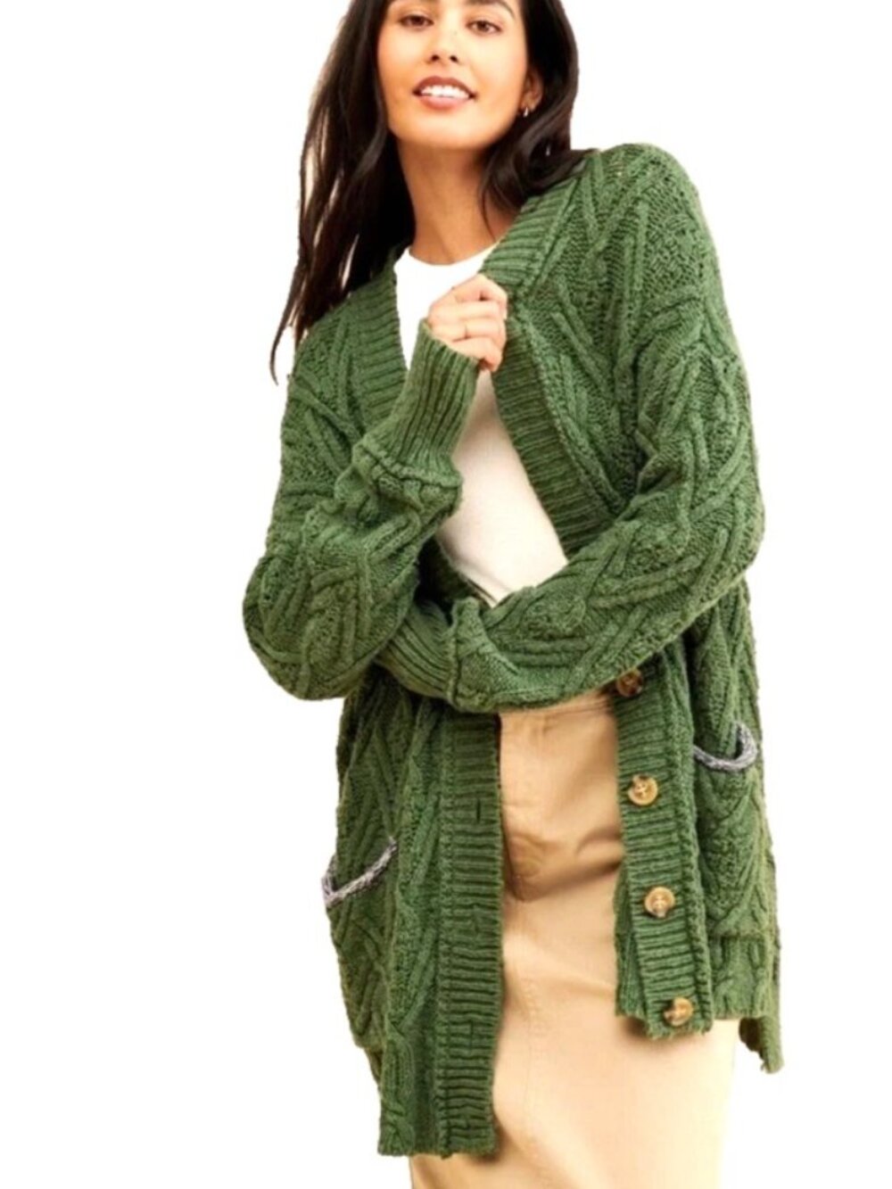Free People Montana Cable Knit Cardigan XS Green Slouchy Oversize Academia VNeck